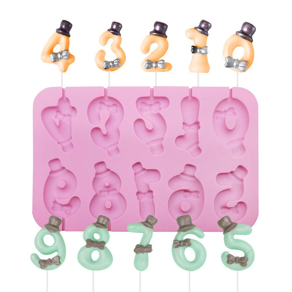 10 Cavity Number Silicone Mold, 3D Number Lollipop Chocolate Hard Candy Mold,