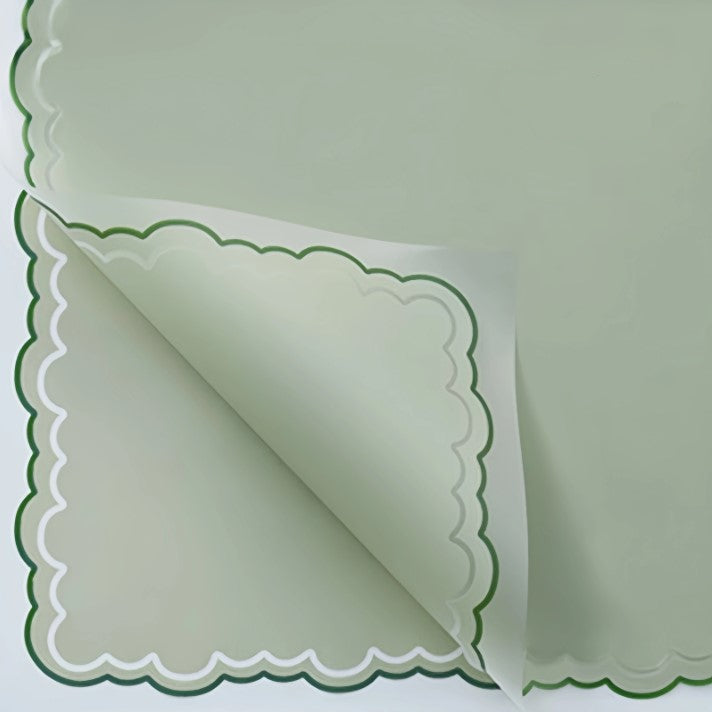 White paper with green decorative edge on a white background, labeled 58CM x 58CM, 20 sheets per pack.