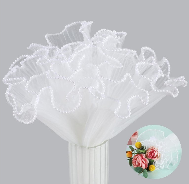 White flower Wrapping Pearl Wrinkled Mesh