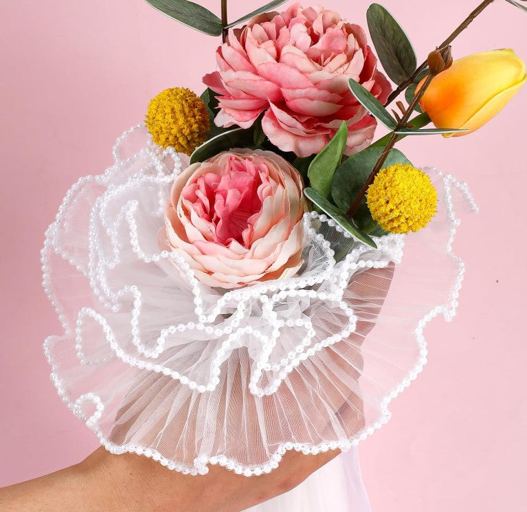 White flower Wrapping Pearl Wrinkled Mesh