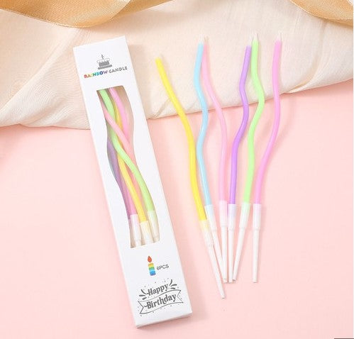 6pc Thin Curl Rainbow Spiral Birthday Cake Candle