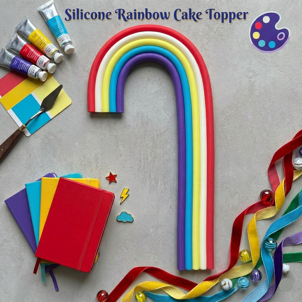 Silicone rainbow cake topper with colorful paint tubes and decorations on a gray background