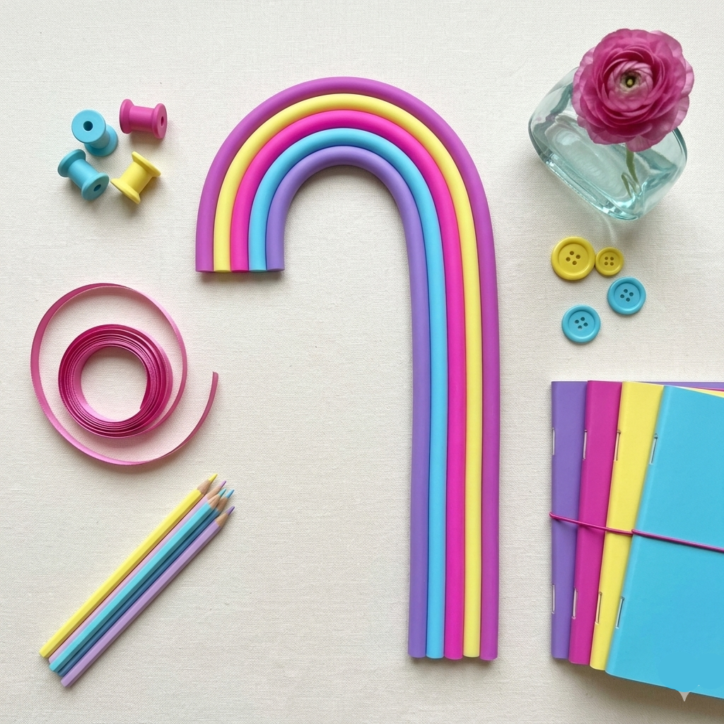 Colorful rainbow-shaped object with stationery items on a light background