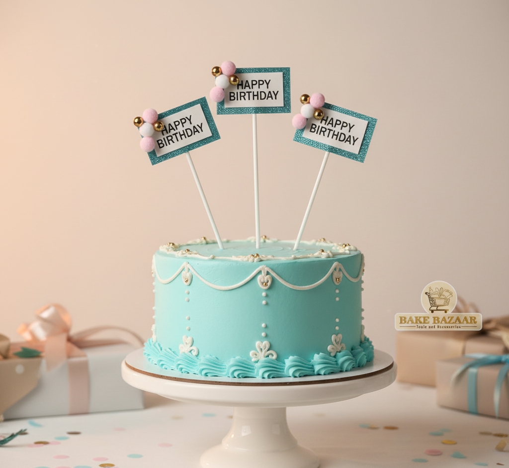Blue birthday cake with decorative toppers on a white stand against a neutral background.
