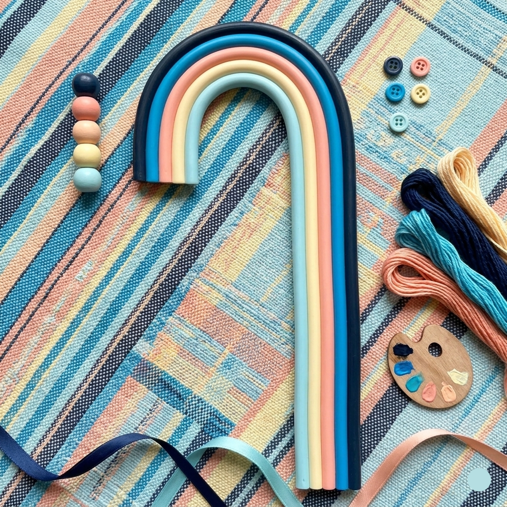 Colorful rainbow-shaped clay on a textured fabric background with buttons and yarn.