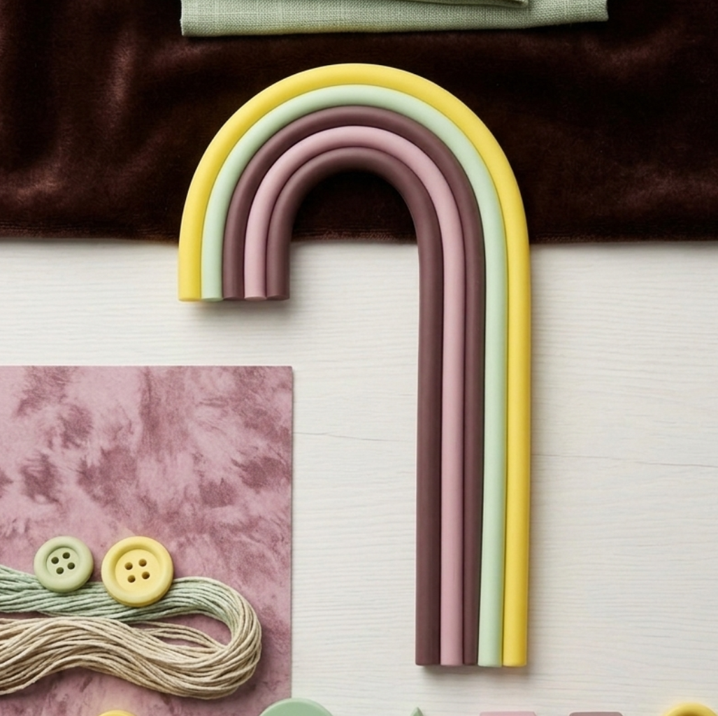 Colorful rainbow-shaped toy on a textured surface with buttons and yarn.