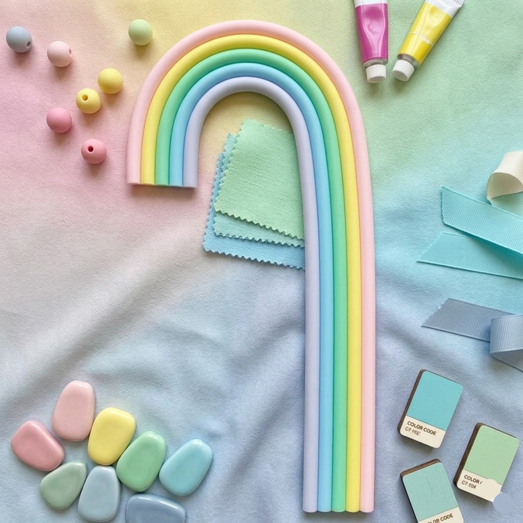 Colorful rainbow-shaped object with craft materials on a soft fabric background
