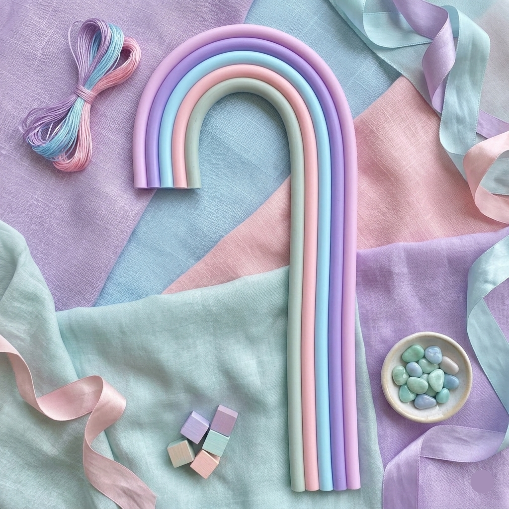 Pastel-colored rainbow-shaped objects on a soft fabric background