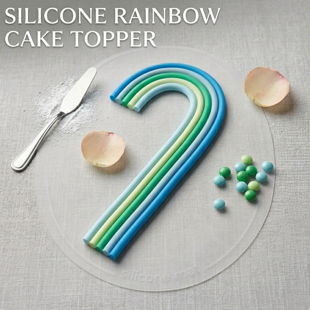 Silicone rainbow cake topper on a gray surface with decorative elements.