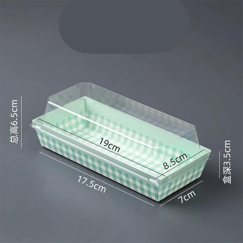 Green checkered container with clear lid on a gray background, showing dimensions.