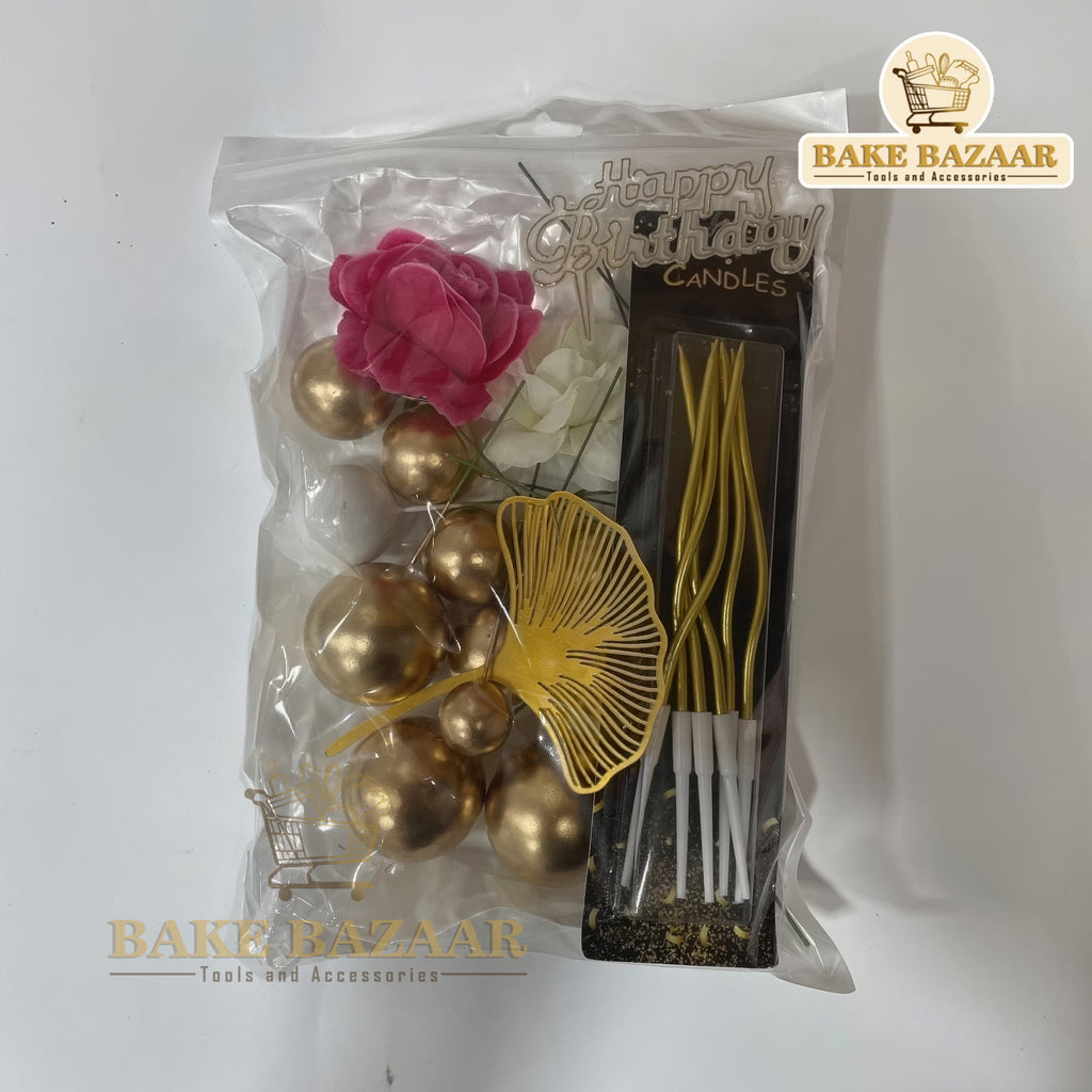 Palm Leaf Gold Theme Happy Birthday Cake Topper Set