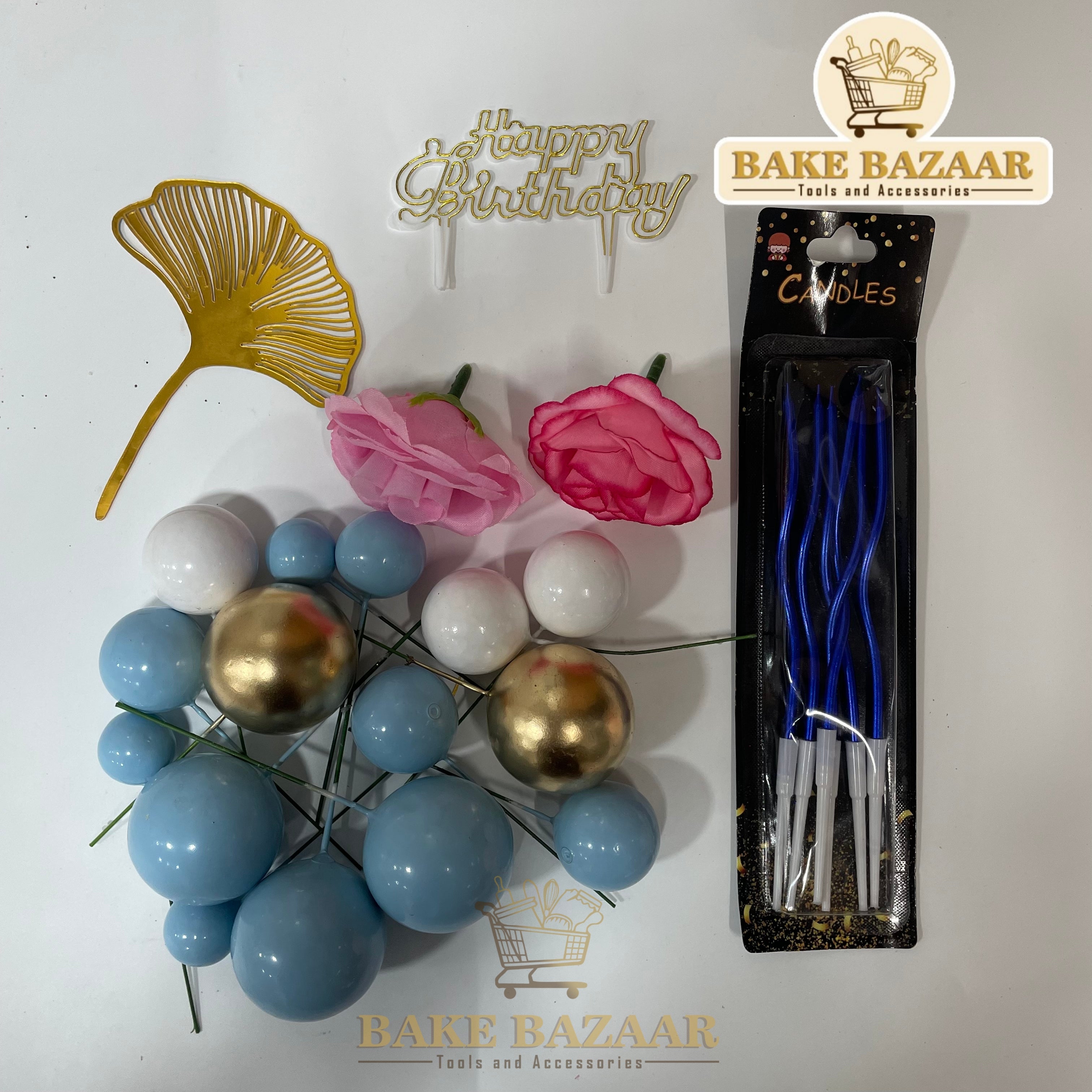 Palm Leaf Blue Theme Happy Birthday Cake Topper Set