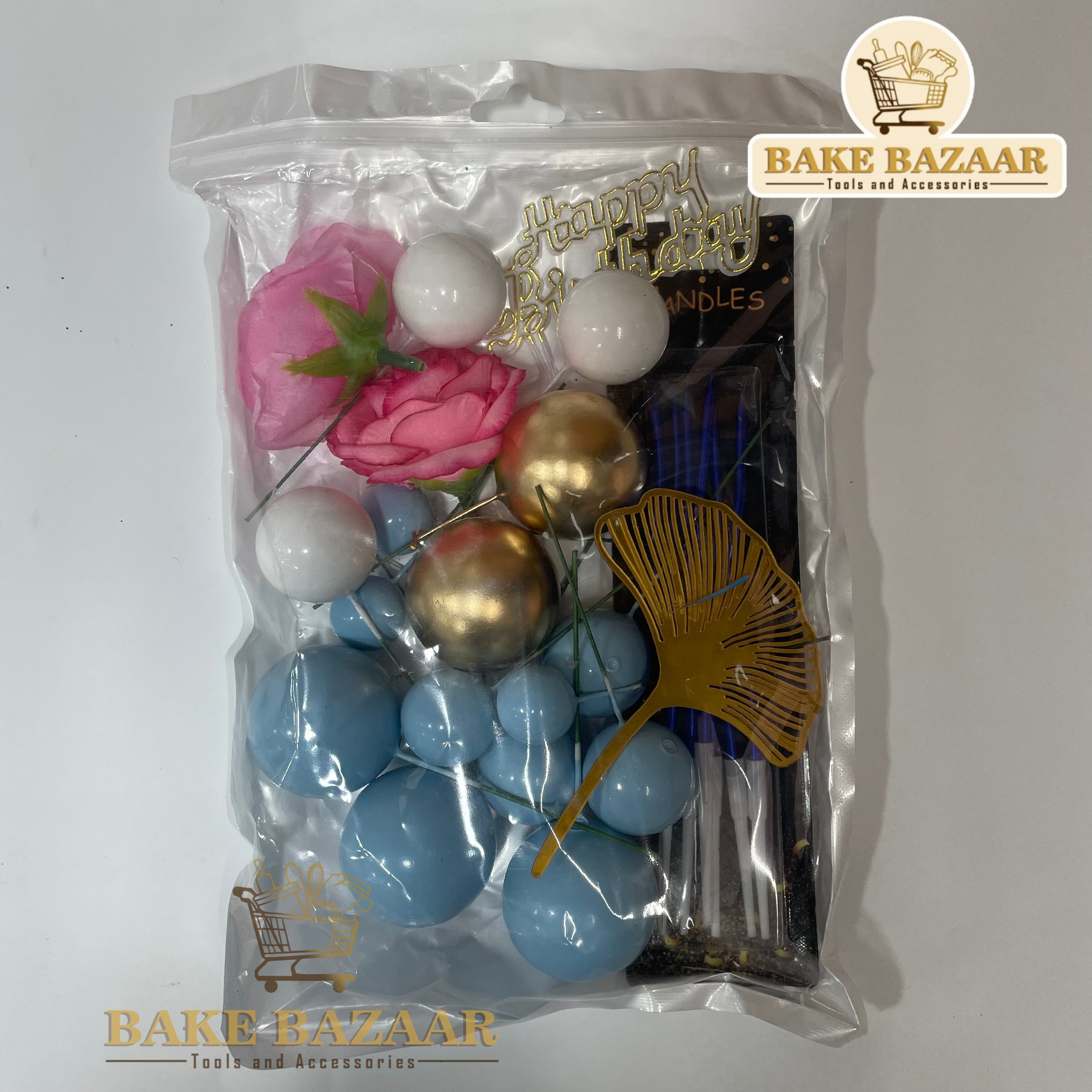 Palm Leaf Blue Theme Happy Birthday Cake Topper Set