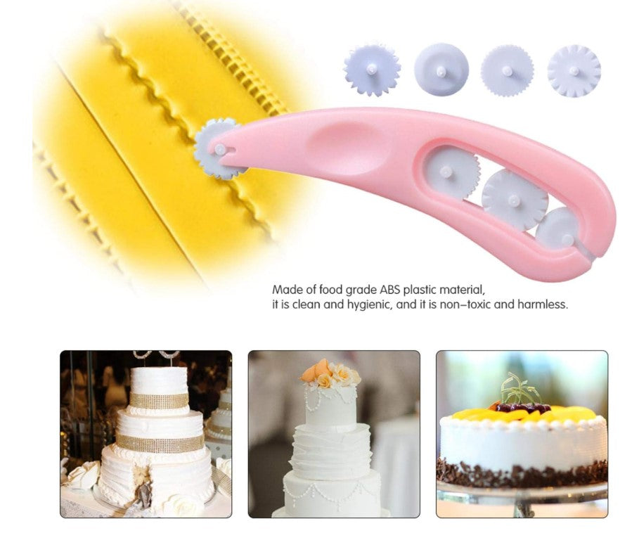 Pink cake smoother with additional attachments on a white background, surrounded by images of cakes.