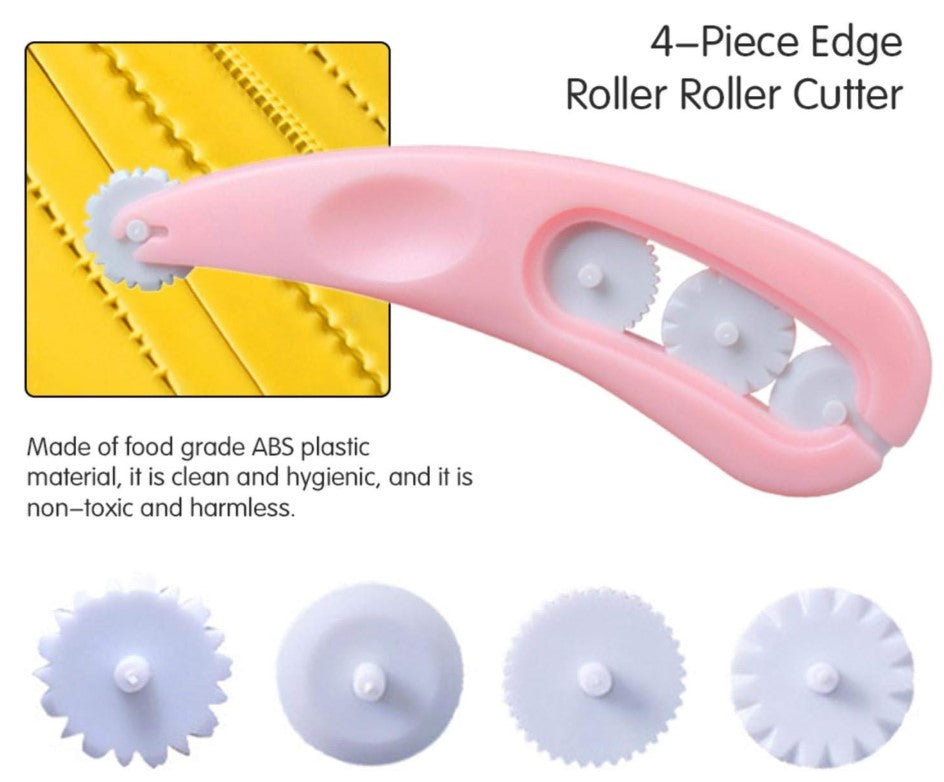 Pink 4-piece edge roller cutter with text about food-grade ABS material on a yellow background.