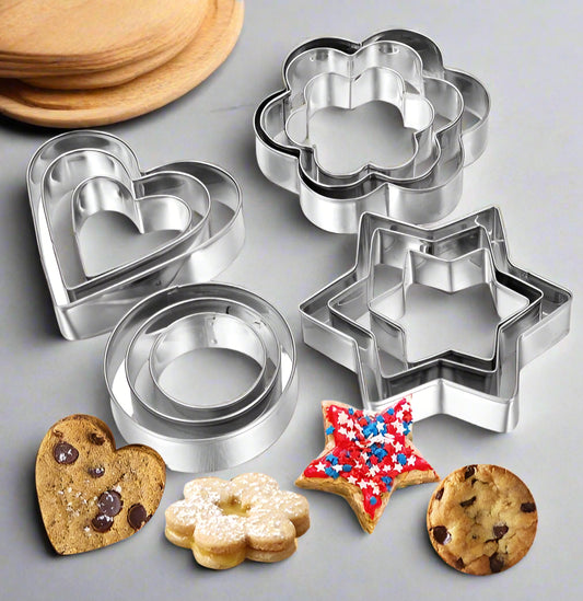 Set of metal cookie cutters in various shapes with examples of cookies they create.