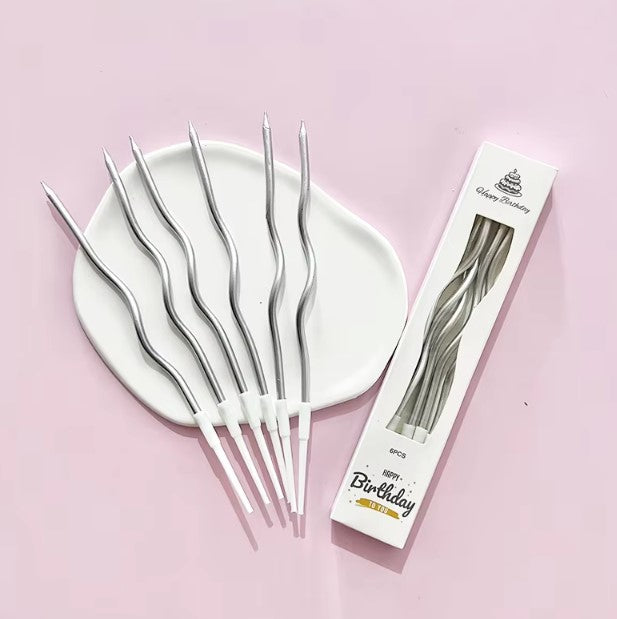6pc Twisty Metallic Silver Candles