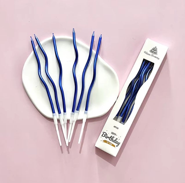 6pc Twisty Metallic Blue Candles