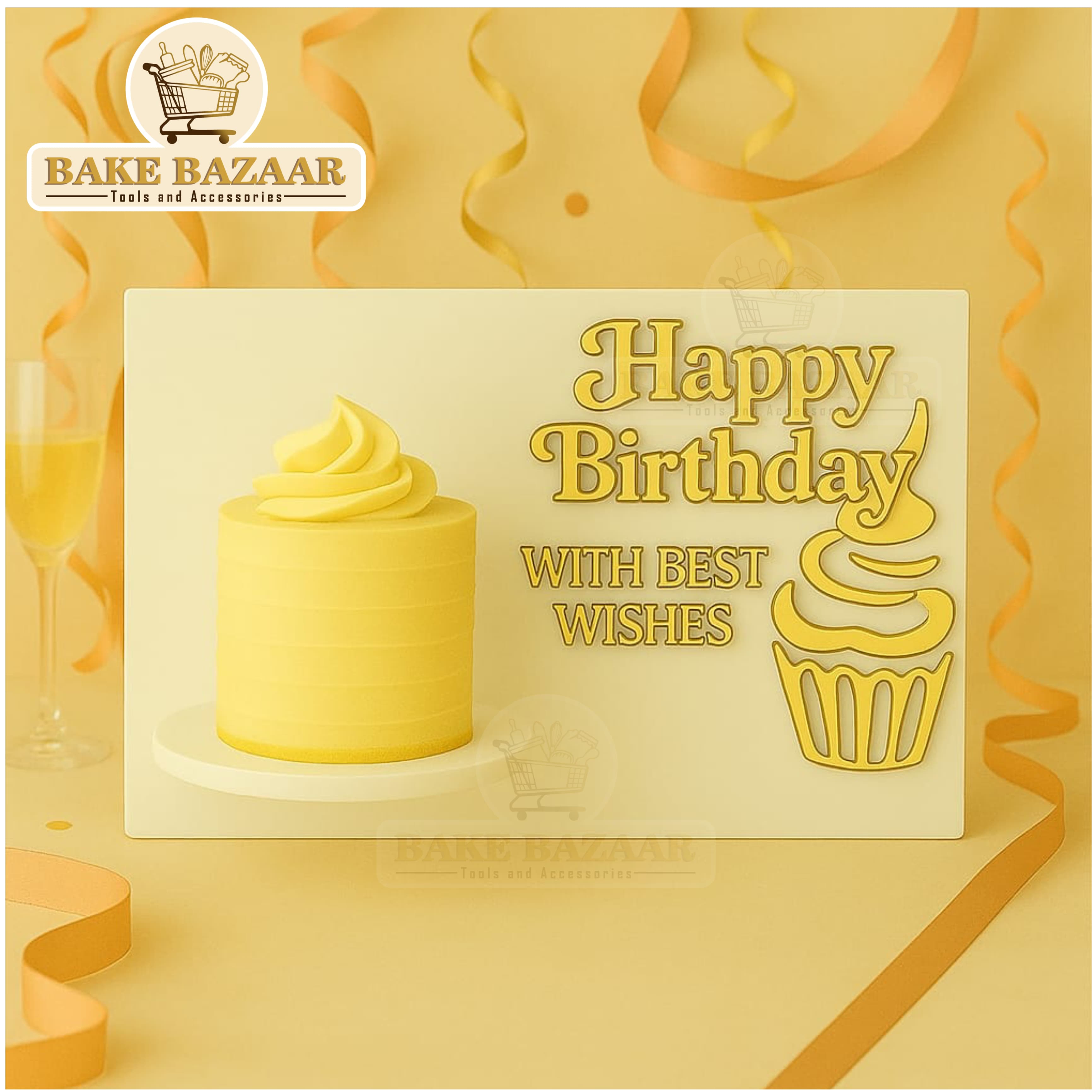 A promotional image featuring a yellow cake on a clear acrylic stand with the text 'Happy Birthday with Best Wishes' from Bake Bazaar.